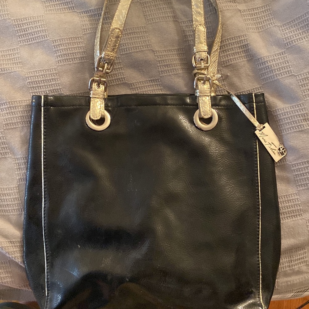 EUC Vintage Marc Fisher Black Tote Golden Faux Snakeskin Handles ✨